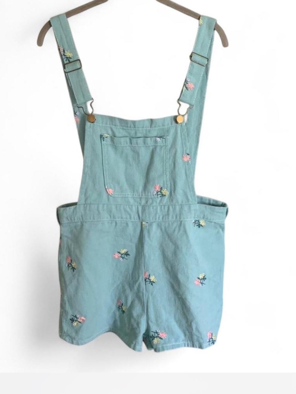 Light Blue Floral Embroidered Short Overalls